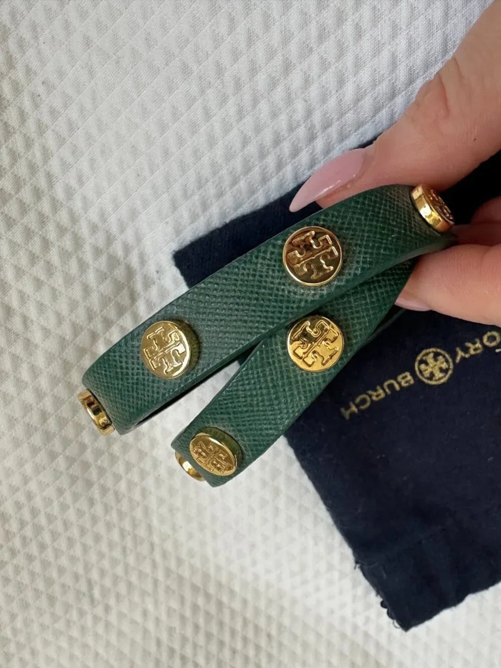 Tory Burch Green Saffiano Leather Double-Wrap Studded Bracelet